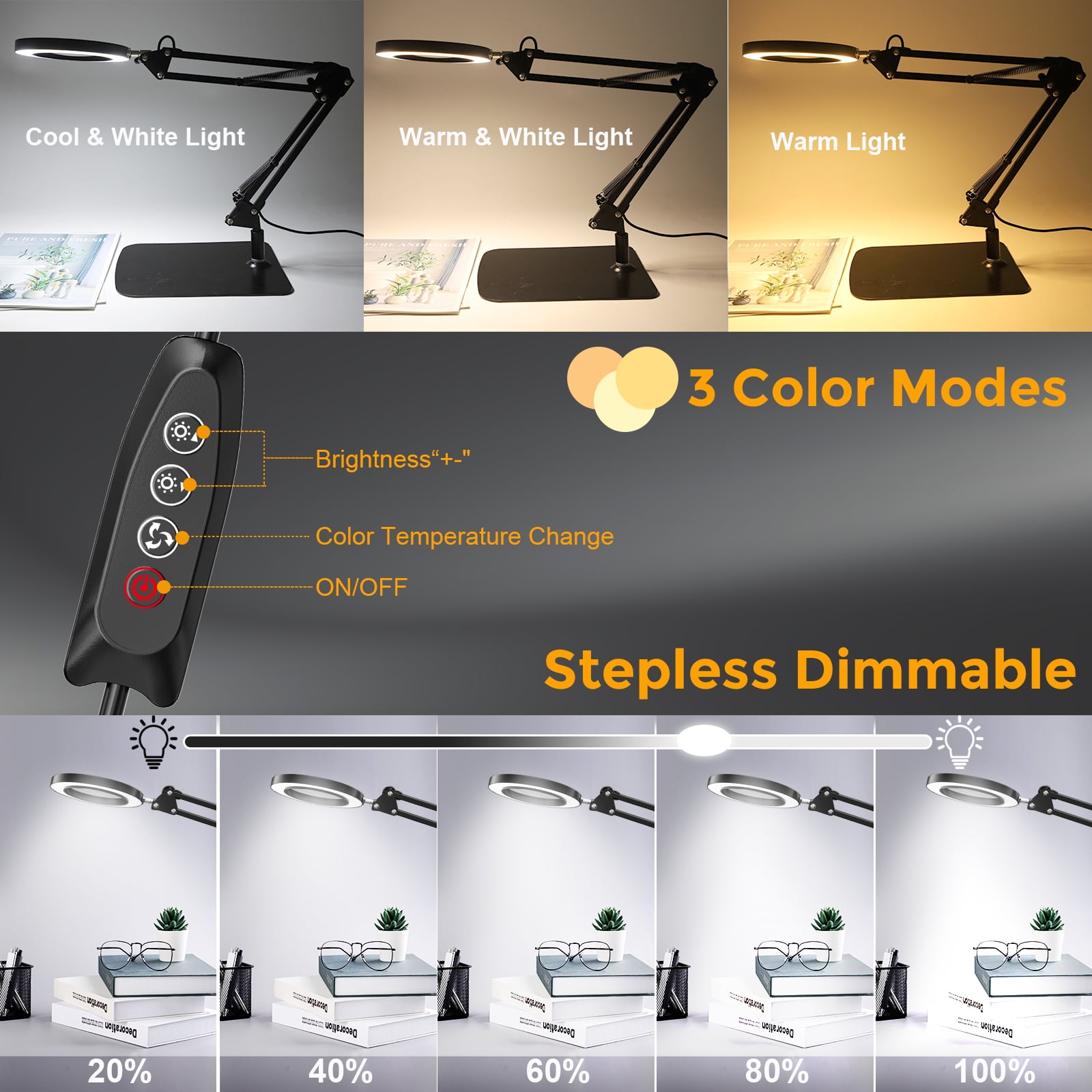 BEBANG  Magnifying Glass with Light and Stand, 3 Dimmable Color Modes, 4.2″ Real Glass, 2-in-1 Lighted Magnifying Lamp for Close Work Sewing Crafts