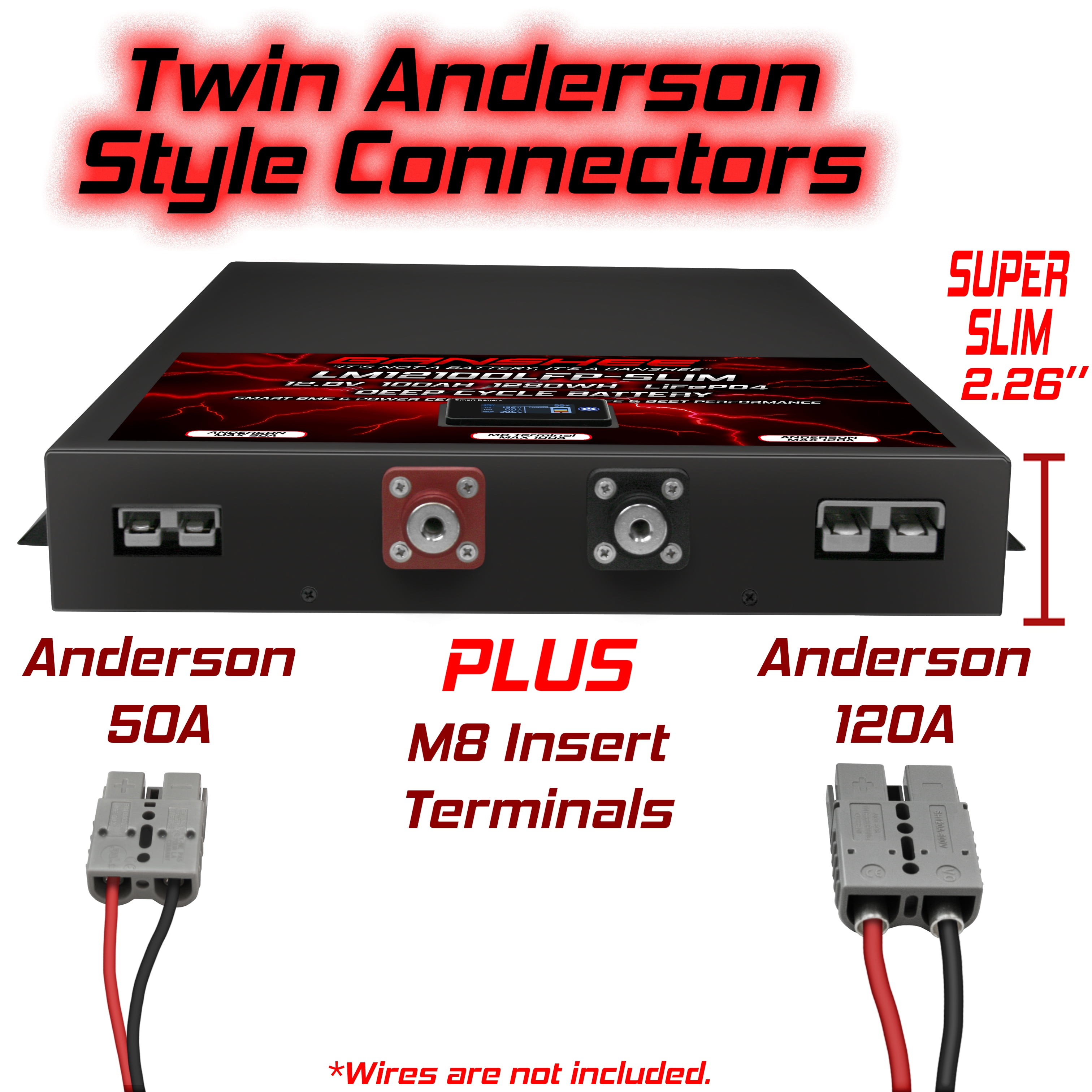 Super Slim 12V 100Ah Deep Cycle Lifepo4 Lithium Ion Battery Pack with Twin Anderson Style Connectors (50A & 120A) & M8 Insert Terminals