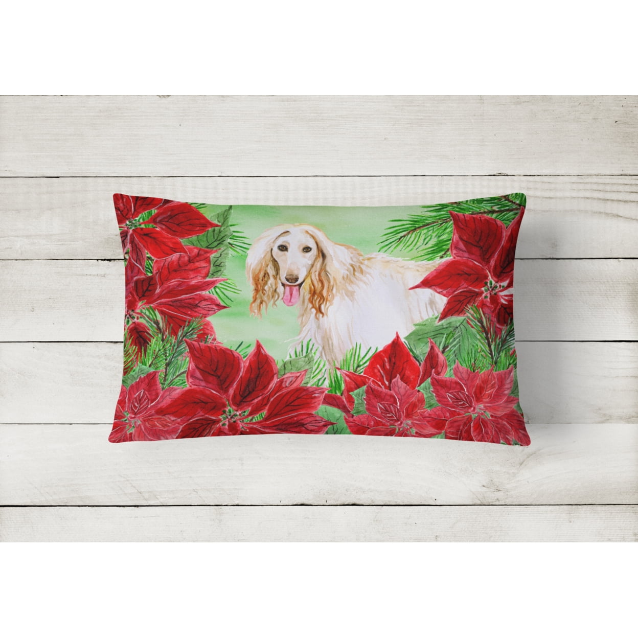 Carolines Treasures CK1350PW1216 Afghan Hound Poinsettas Canvas Fabric Decorative Pillow 12H x16W multicolor
