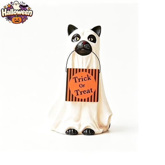 Halloween Ghost Cat Resin Figurine, Trick Or Treat Cute Spooky Tabletop Statue, Indoor Outdoor Halloween Decorations, Ghost Costume Cat Shelf Mantel Ornament for Fall Party Home Entryway Decor