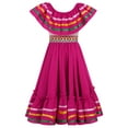 thumbnail image 4 of IBTOM CASTLE Toddler Girls Mexican Traditional Cinco de Mayo Fiesta Dress Rainbow Off Shoulder Folklorico Dresses 9-10 Years Hot Pink, 4 of 8