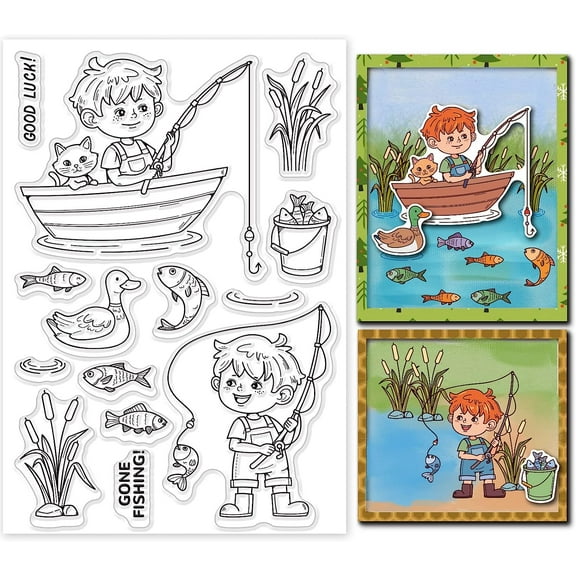 Fishing Clear Stamps Boy Cat Silicone Stamps Boat Duck Fish Rubber Stamps Plants Bucket Silicone Transparent Seal Stamps for Card Making Scrapbooking Photo Album Decor colorful