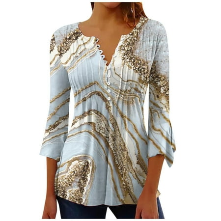 

NARABB Women s Casual Trumpet 3/4 Sleeve Printed Buttoned Basic Ruched Corset Tunic Tops Pleated T-shirts Blouses