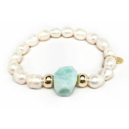 Julieta Jewelry 9mm Freshwater Pearl and Aqua Rock Candy 14kt Gold over Sterling Silver Stretch Bracelet, 7