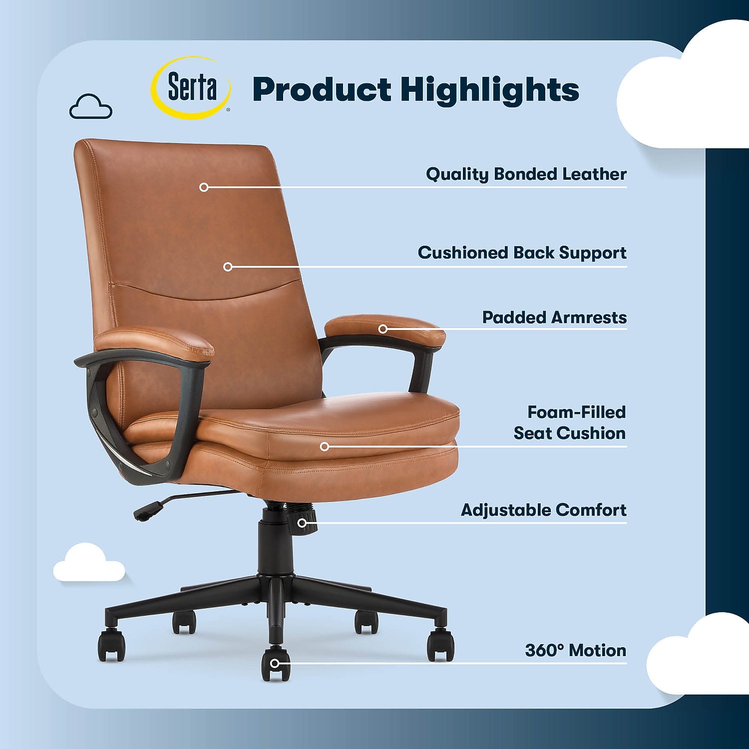 Serta Comfort Modern Executive Office Chair Metal Base Bonded Leather Cognac