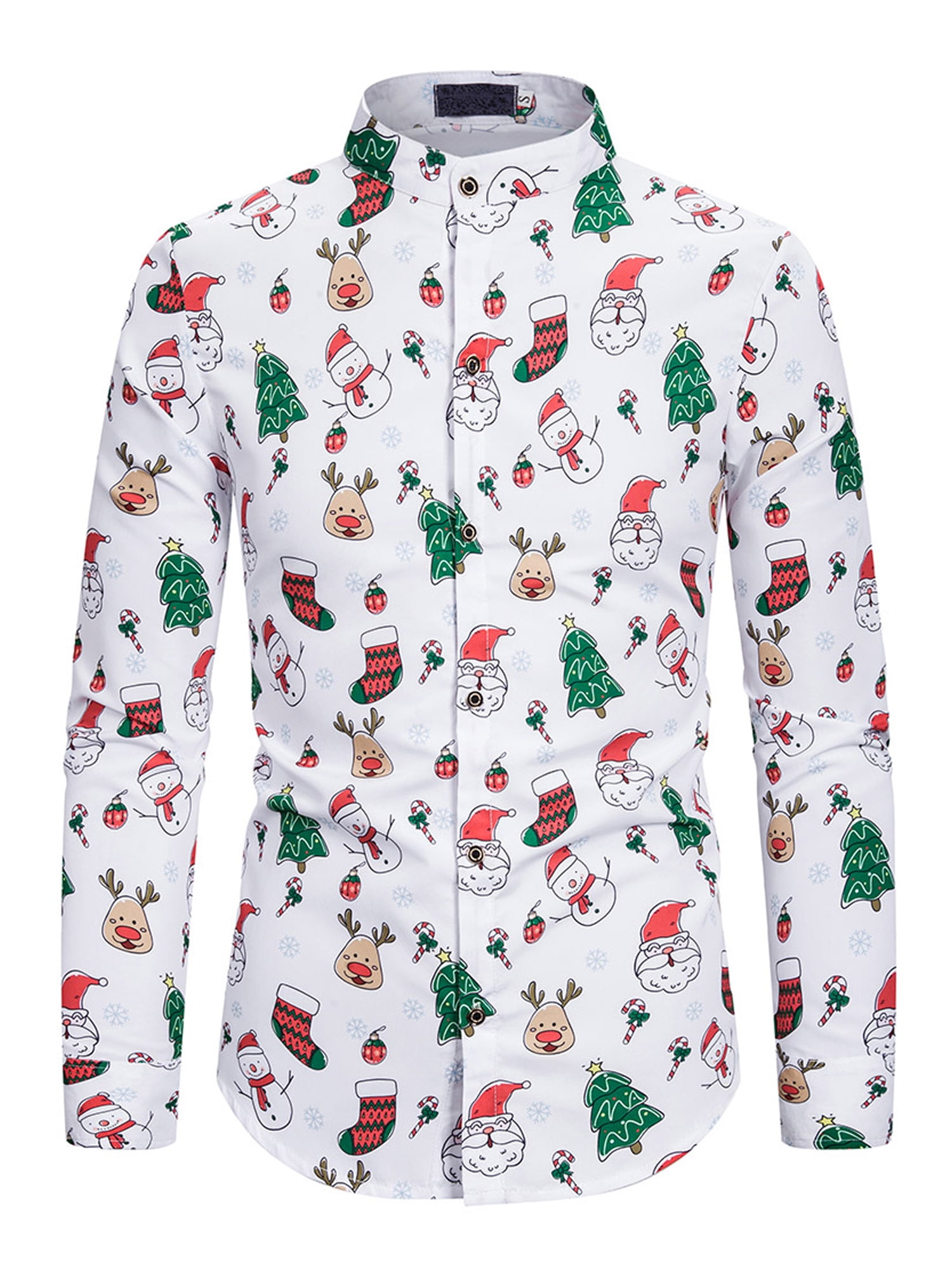 Longra Christmas Mens Autumn Winter Digital Print Long-Sleeved Shirt Mens Casual Lapel Single-Breasted Shirt 