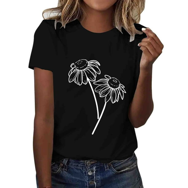 Gibobby Casual Playera de Manga Corta para Mujer Camiseta con estampado girasol para mujer, camiseta informal manga corta con gráfico, camisetas ajustadas informale(Negro,M)