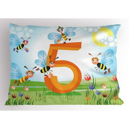 Honey Bee Baby Nursery - Number Pillow Sham Happy Bees Making Honey in Five Sign in Tulip Garden Field Kids Nursery Cartoon, Decorative Standard Size Printed Pillowcase, 26 X 20 Inches, Multicolor, by Ambesonne