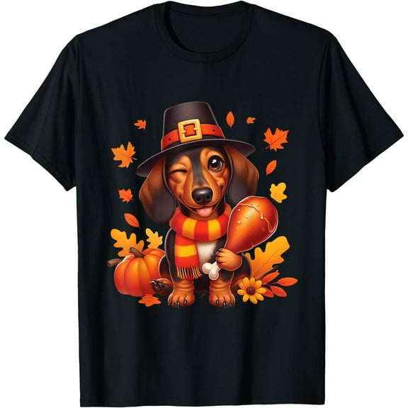 Dachshund Pilgrim Happy Thanksgiving Dog Men Women Girl Boy T-Shirt,Top Tees,Black