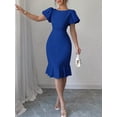 thumbnail image 3 of Royal Blue Women Solid Color Round Neck Petal Sleeve Ruffle Hem Midi Dress, 3 of 6