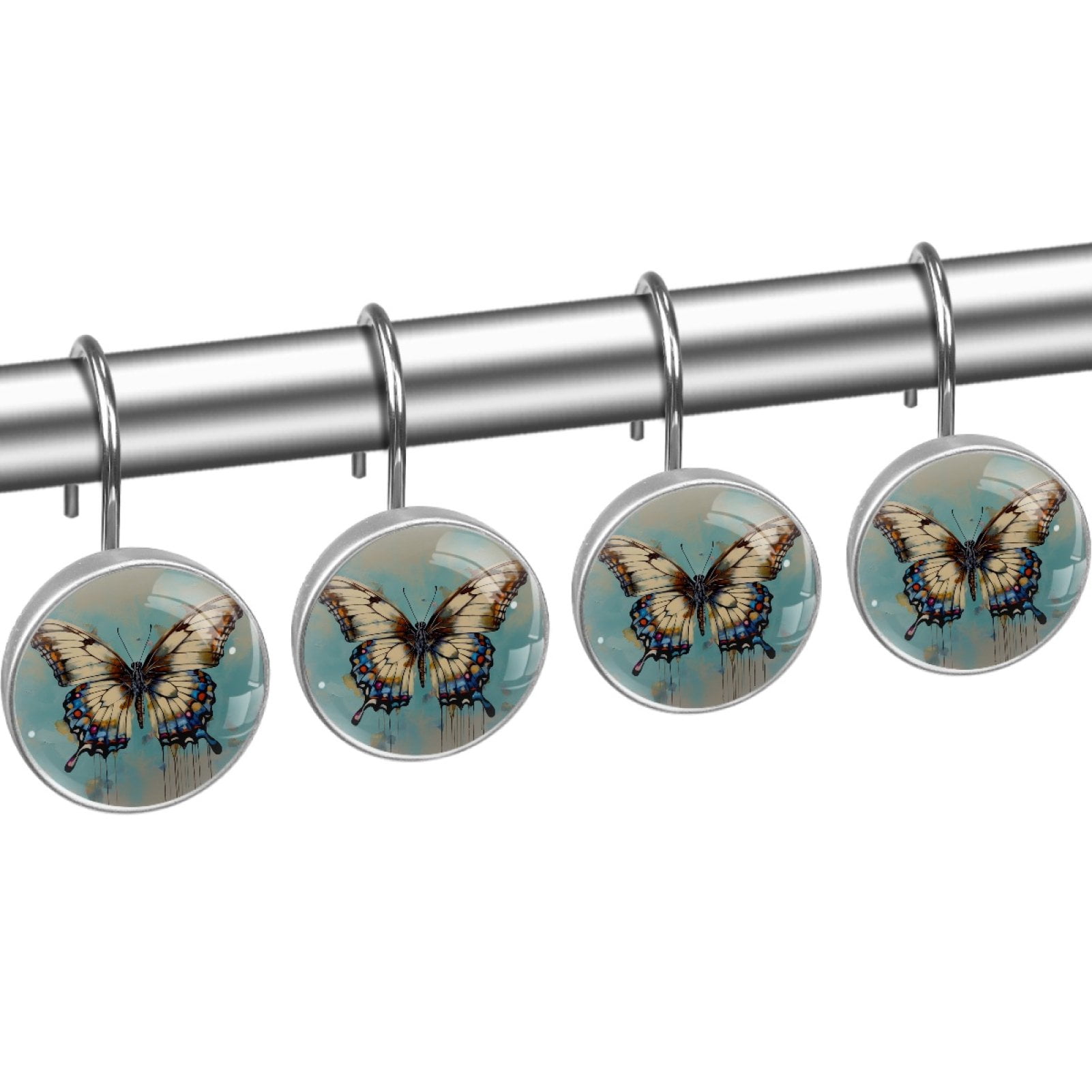 HemaKayy 12 Pcs Decorative Shower Curtain Hooks - Rust Proof Stainless Steel | Easy Installation and Glide | Ideal for Home, Bathroom and Bedroom Décor - White Butterfly Blue Gradient Painting