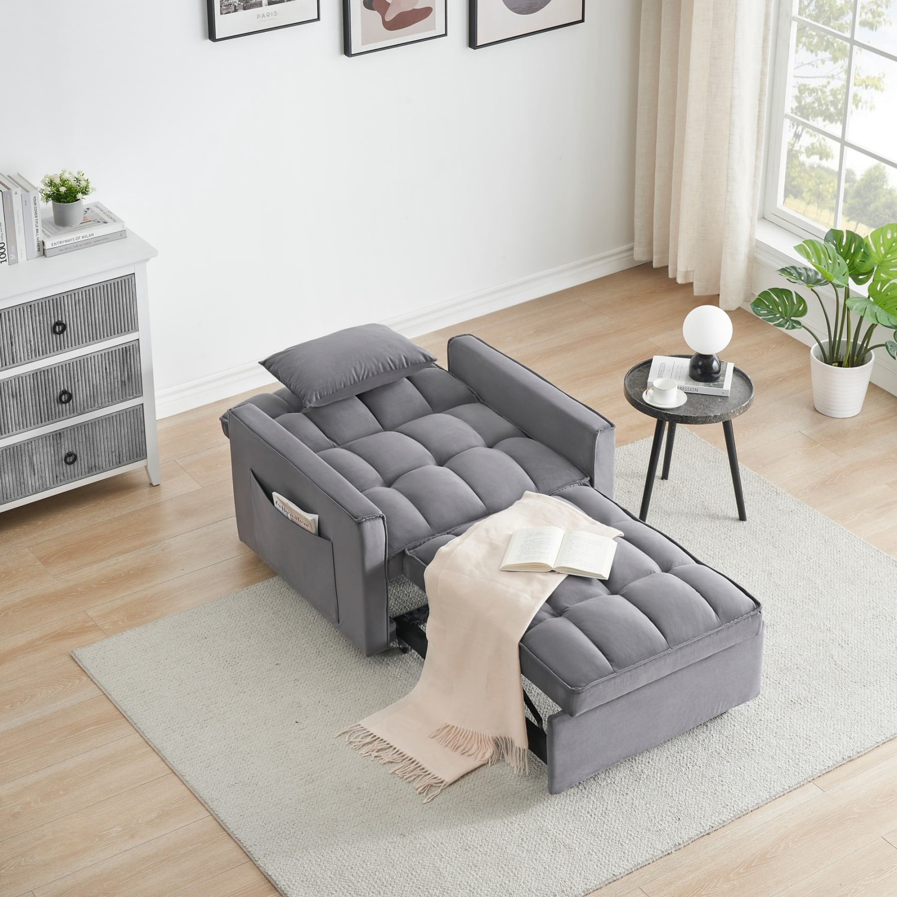 3-in-1 Convertible Sofa Bed Chair, Adjustable Recliner Sleeper Couch for Small Spaces Living Room Office, Grey