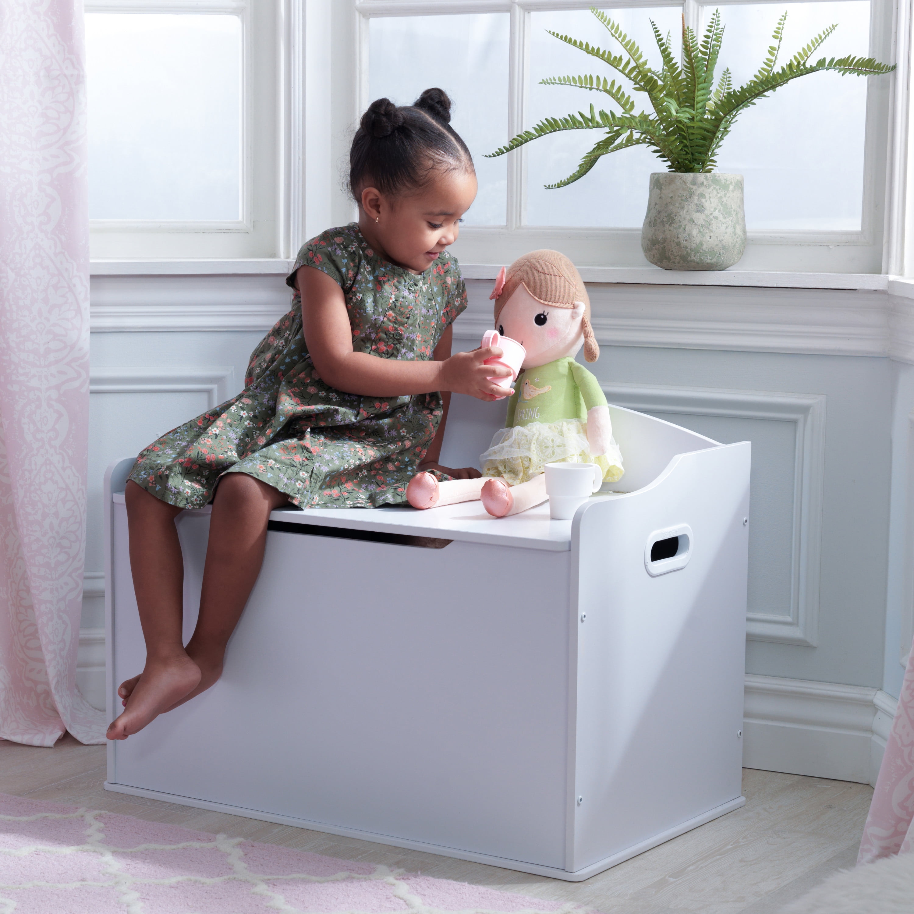 KidKraft Austin Wooden Toy Box/Bench with Safety Hinged Lid, White