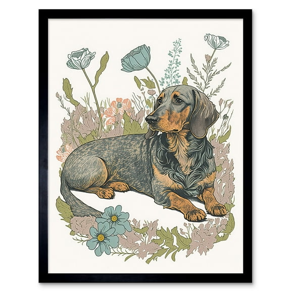 Dachshund Dog Lying in Flower Field Pastel Watercolour Illustration Art Print Framed Poster Wall Decor 12x16 inch
