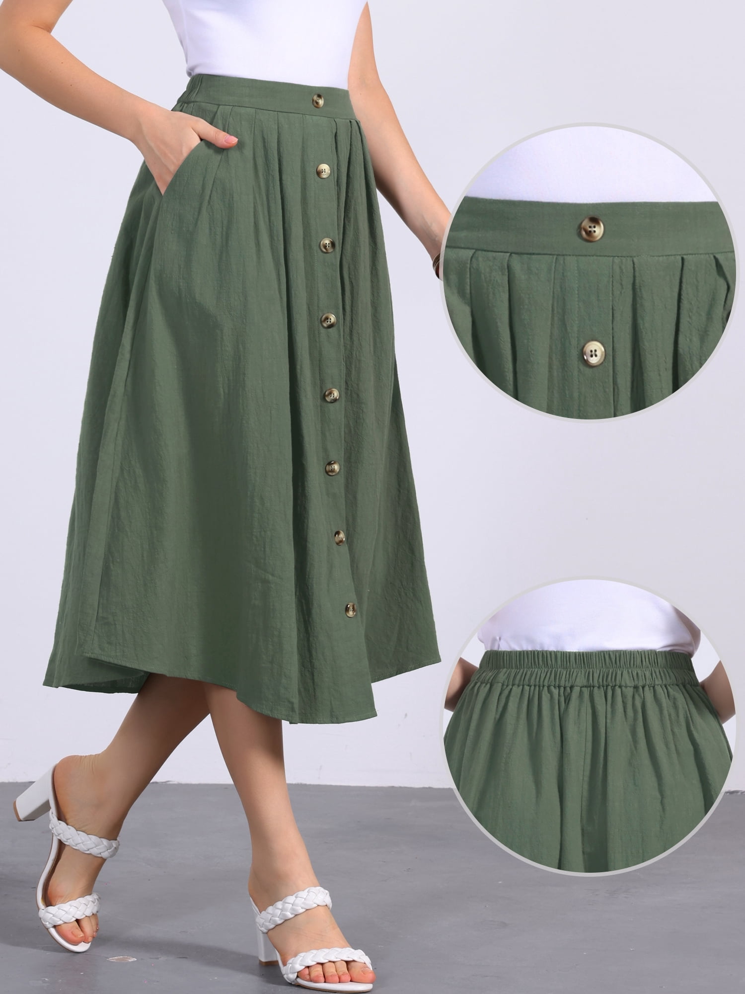DARING DIVA Women's Button Decor Elastic Waist A-Line Skirts with Pockets S Army Green