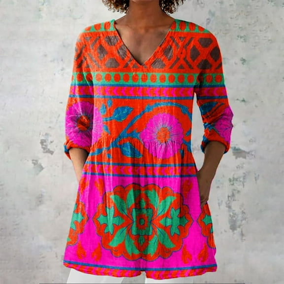 Pink Women Shirts, 2025 New Women'S Summer Printed Group Shirt Women'S Linen V Neck Casual Shirt,Women Shirts M