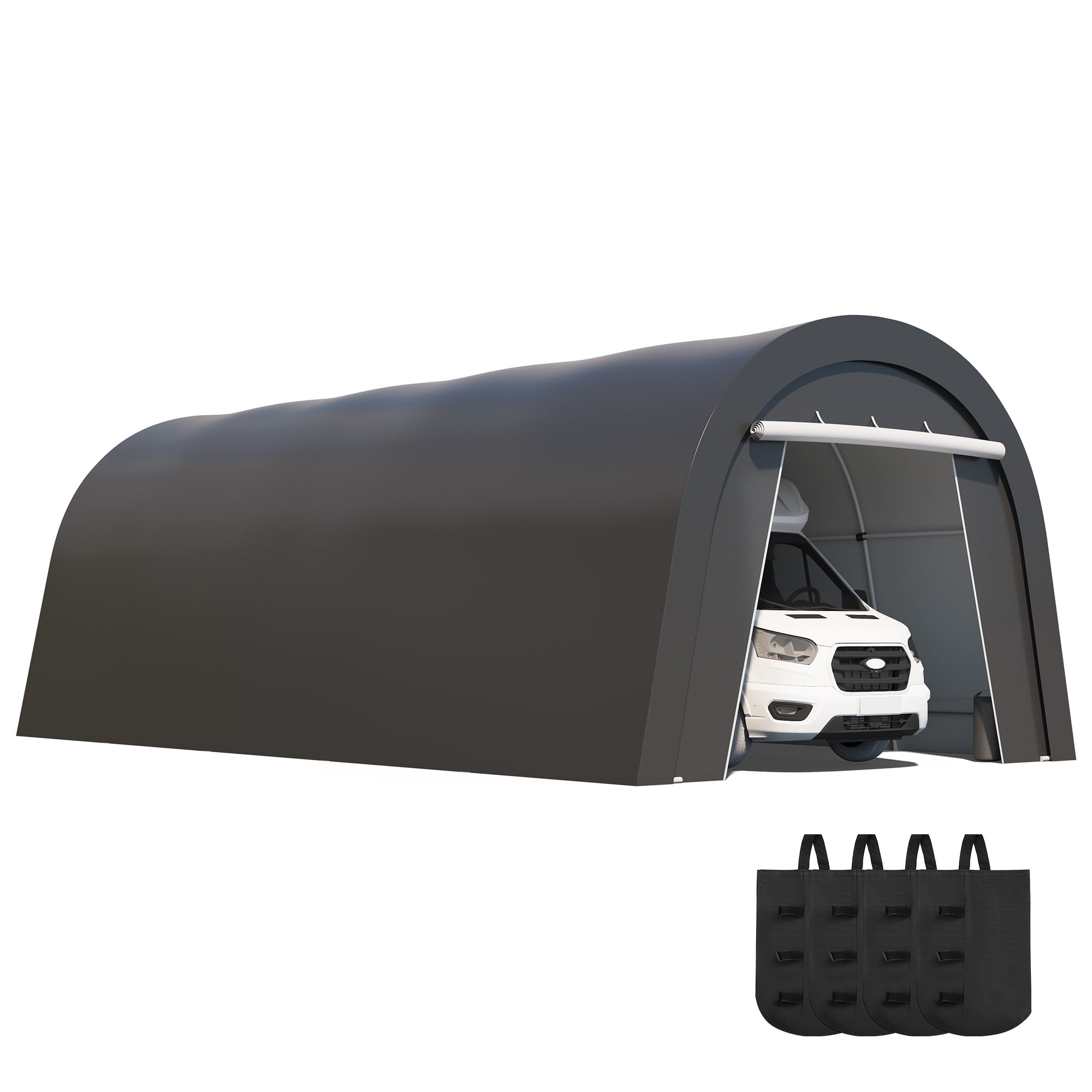 CozyHome 12' x 25' Domed Carport with 4 Cloth Bags, Portable Garage with 2 Roll-up Doors, All-Weather Storage Shelter Shed for Cars, Truck, or Garden Tools