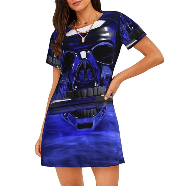 Disketp Steel Skull para Camisón Corto de Manga Corta para Mujeres, Camisón Cómodo con Escote Redondo, Bonito y Confortable
