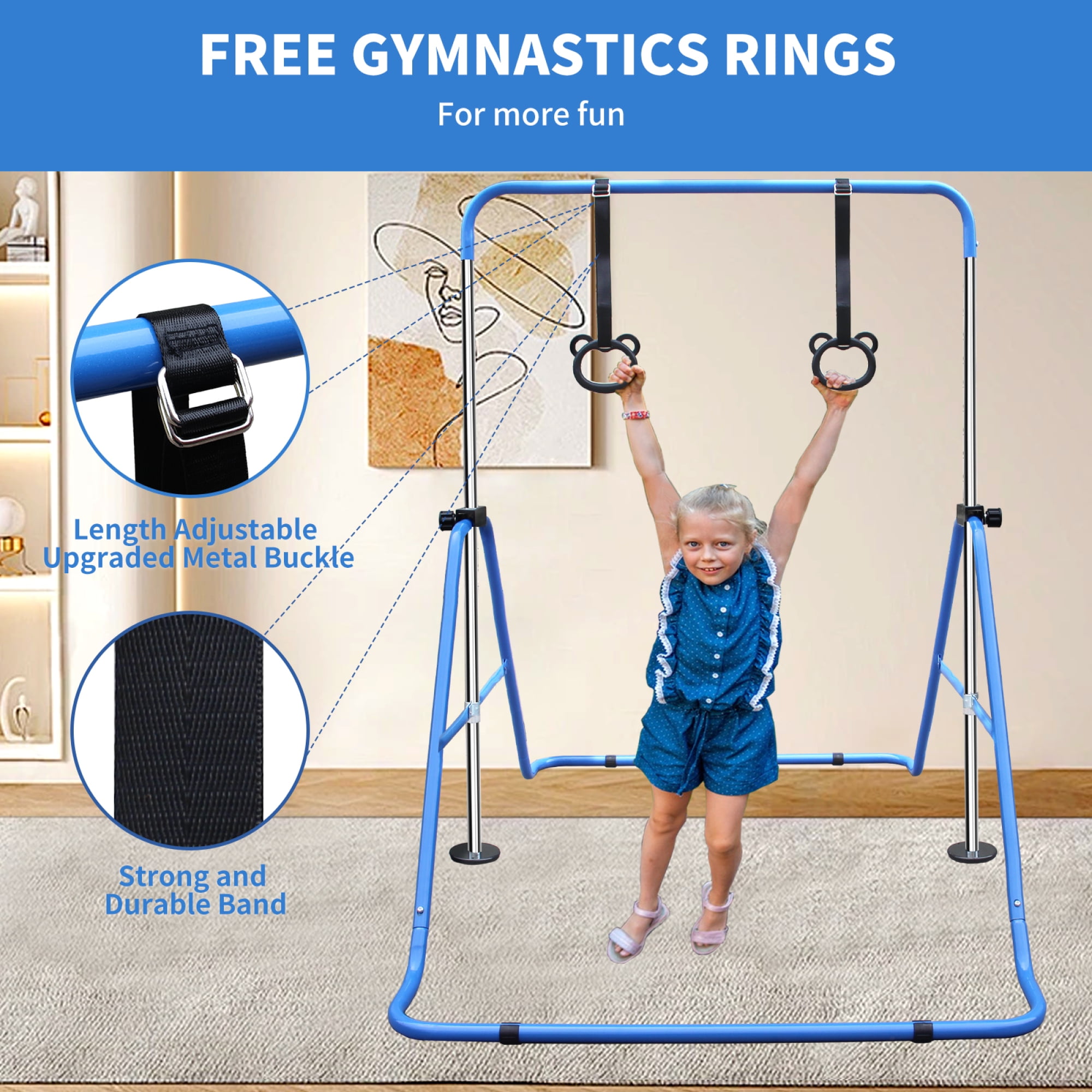 Leumius Gymnastics Bar for Kids,35"-51" Adjustable Height Steel Gymnastic Horizontal Bars with Bear Rings,Gymnastics Equipment for Indoor/Outdoor Training,Blue