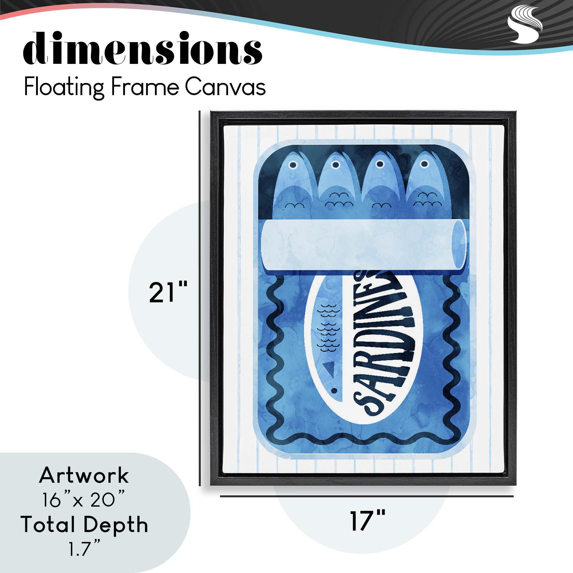 Blue Sardine Tin Over Stripes Black Framed Floater Canvas Wall Art, design by Daphne Polselli