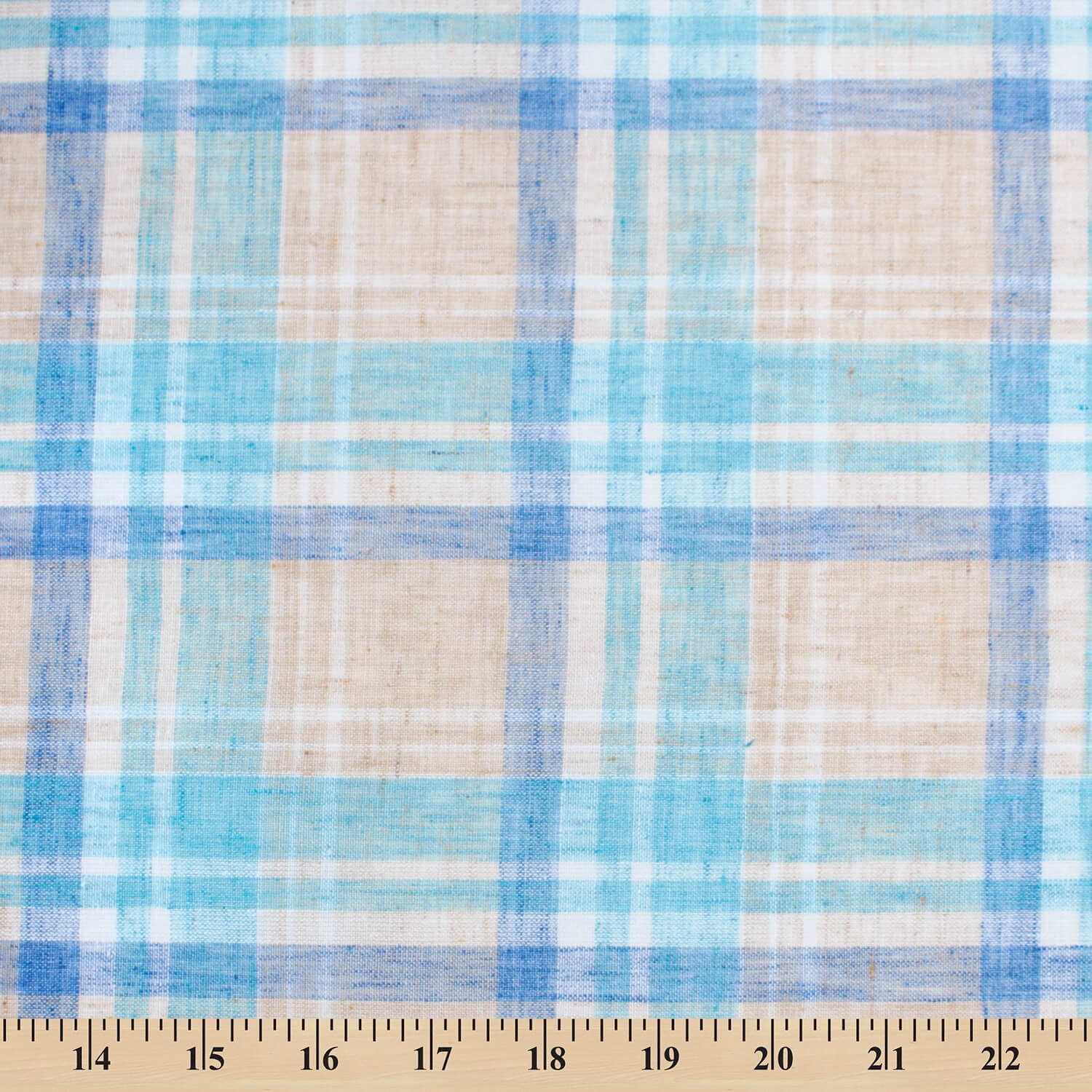 Tartan Plaid Linen-Look Polyester Cotton 58" Fabric By The Yard - Tan, White, Light Blue