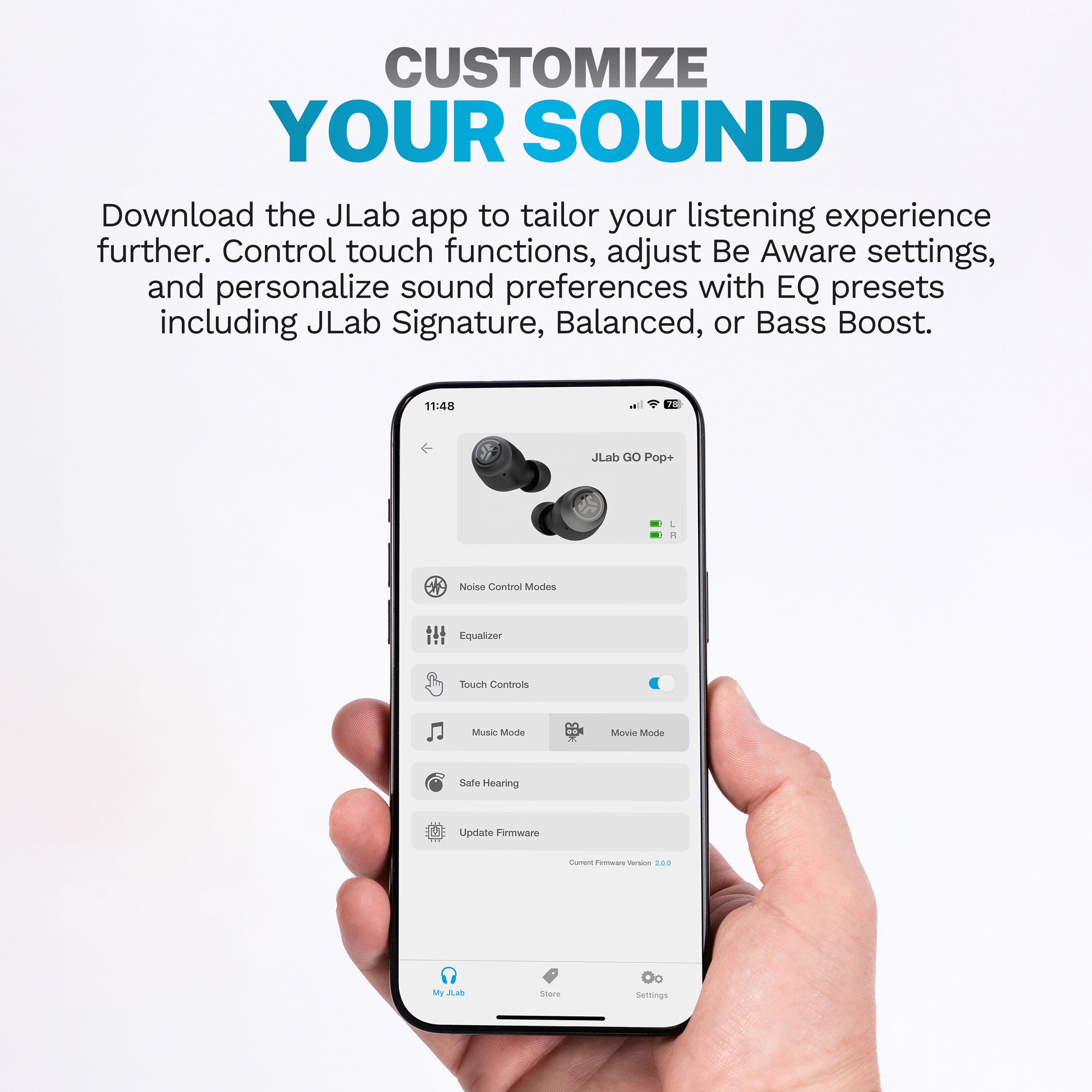 JLab Go Pop+ True Wireless Earbuds, Navy, Bluetooth, IPX4, Be Aware Mode, Customize Sound, Controls