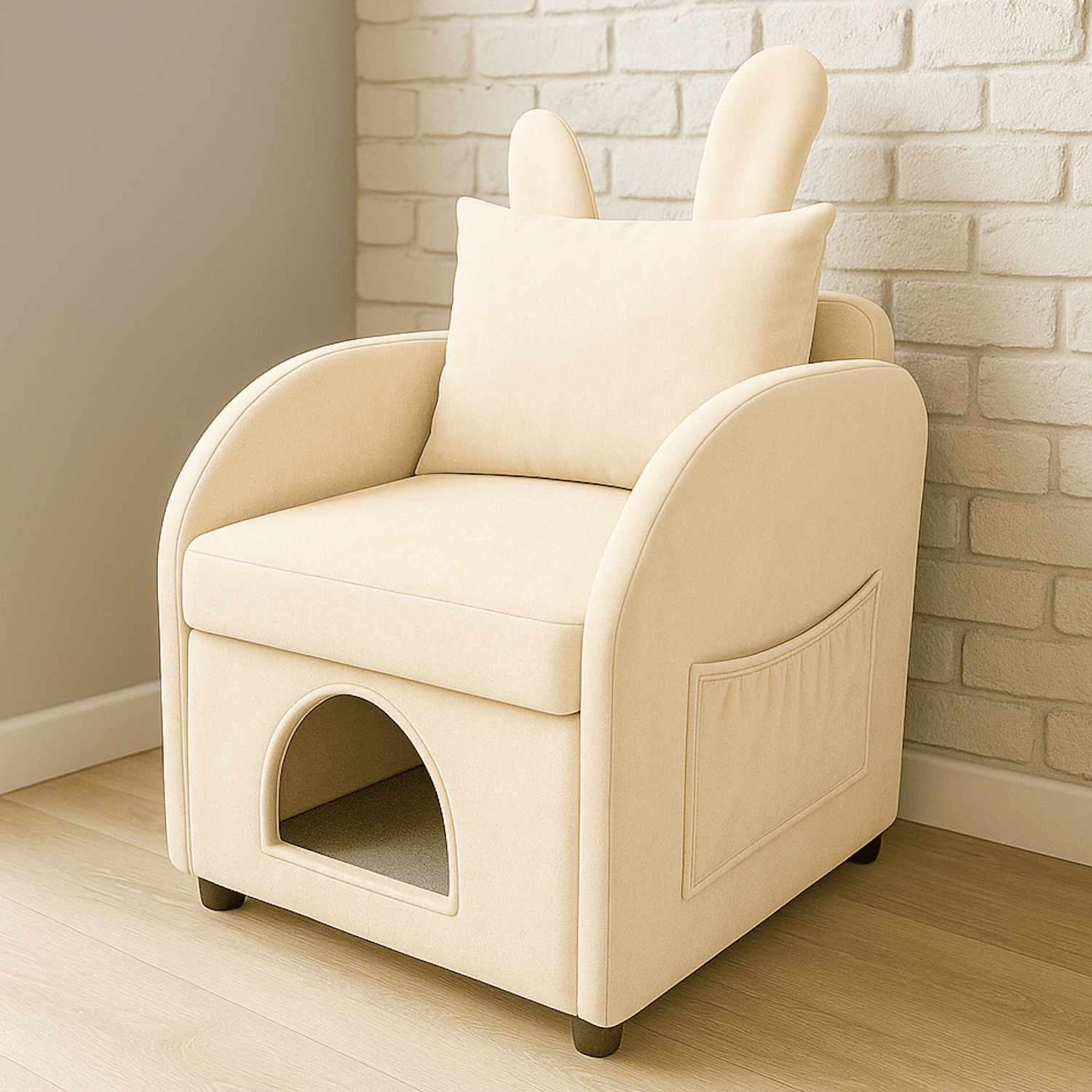 2-in-1 Armchair with Cat Dog Pet Hideaway, Pet-Friendly Accent Chair with Scratch-Resistant Fabric, Dual-Use Sofa Chair with Pocket for Living Room, Beige