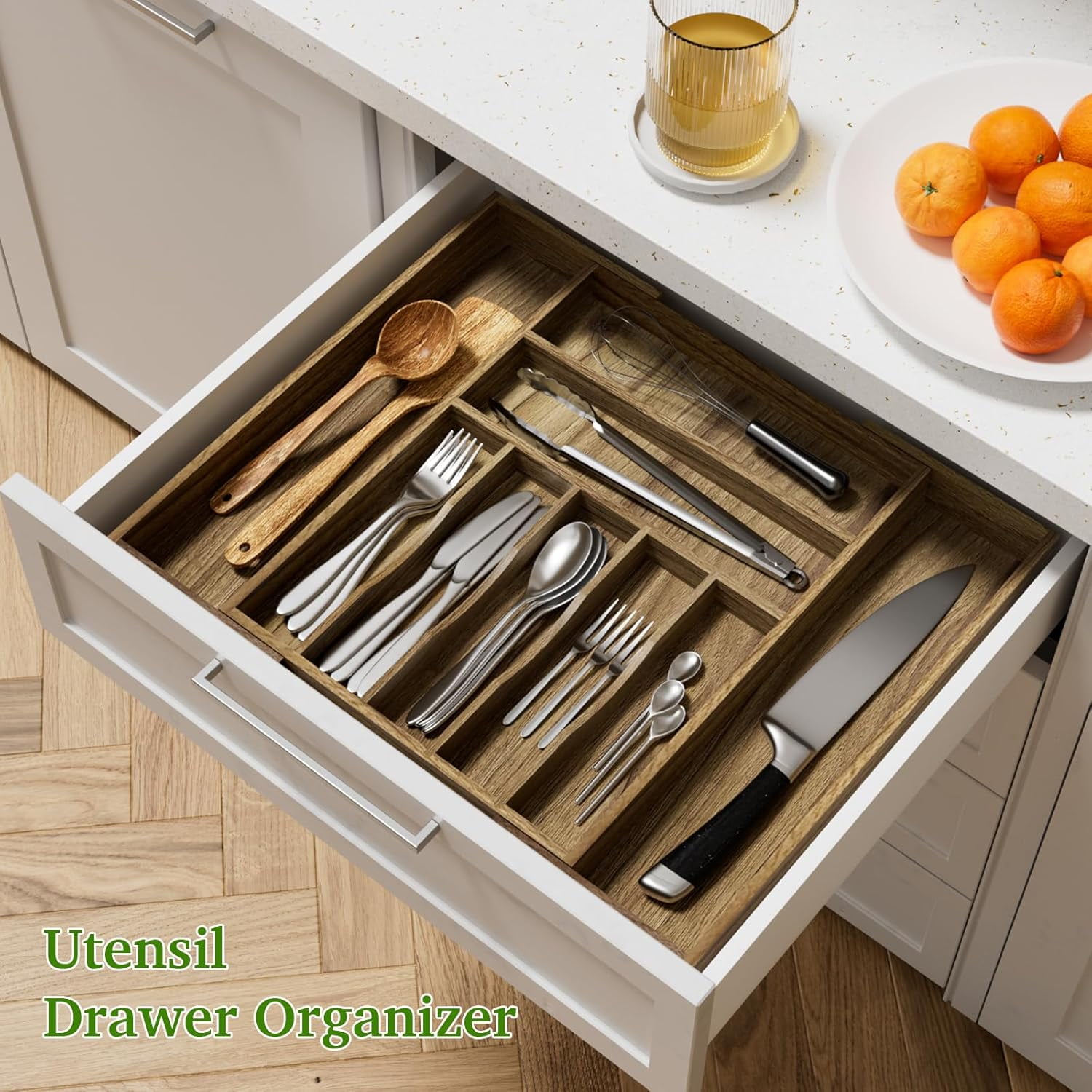 Acacia Wood Kitchen Silverware Drawer Organizer, Expandable Utensil Cutlery Organizer with Dividers, Flatware Tray for Spoon, Fork, 13''-20''x16.9'' (7-9 Slots)
