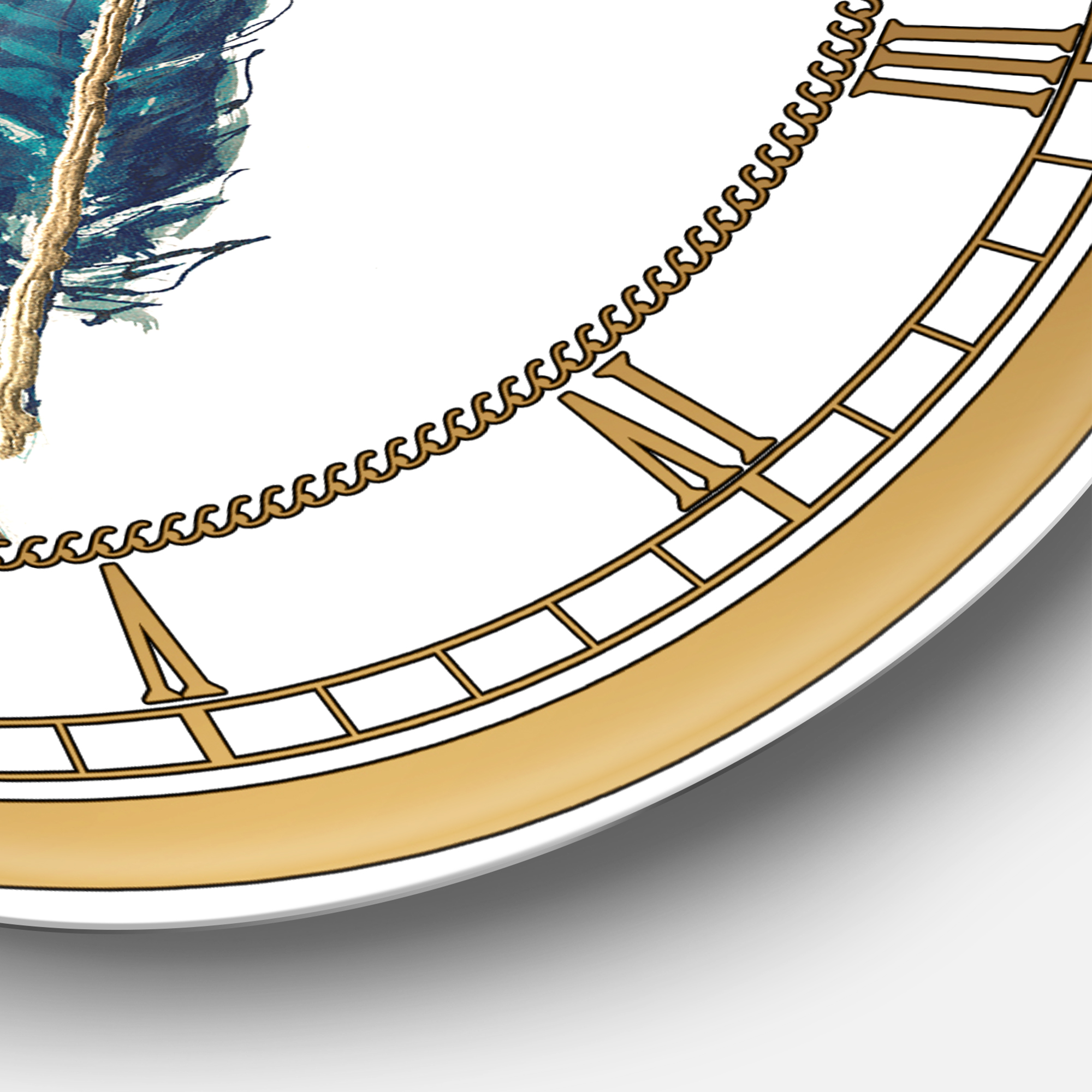 Designart 'Gold Indigo Feathers III' Glam wall clock