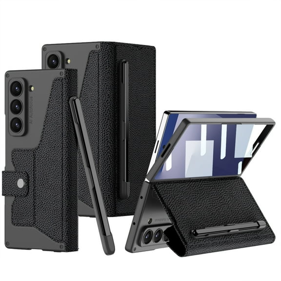 ELEHOLD Rugged Case for Samsung Galaxy Z Fold 5, Flip Folio S Pen Holder Kickstand Magnetic Closure Business PU Leather Full Body Protective Case with Screen Protector,Lycheepattern