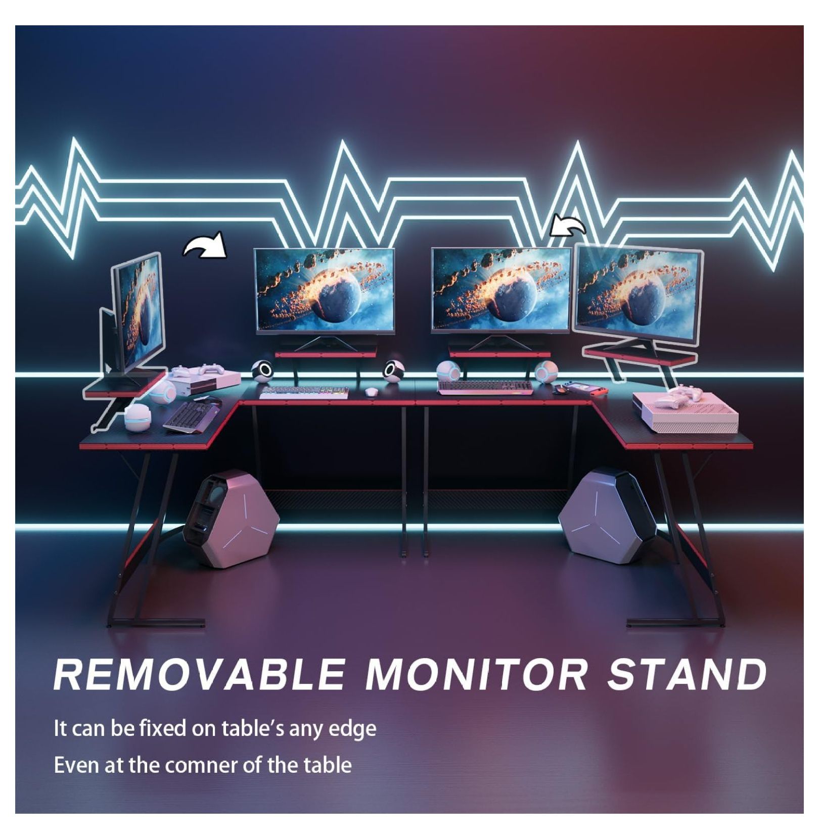 SONGMY L Shaped Gaming Desk Computer Corner PC Desk Table with Large Monitor Riser Stand for Home Office Sturdy Writing Workstation (Black, 47 Inch)