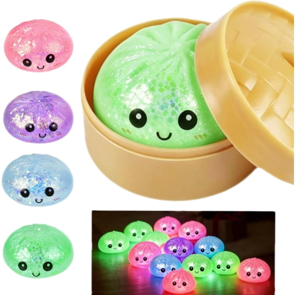 Glitter Dumpling Squishy Toys with Steamer, LED Light Up Stress Relief Sensory Toys, 1 Count,Random Color