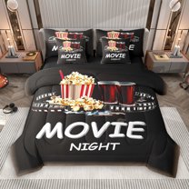 Manfei Vintage Cinema Tricket 7-Piece Bedding Comforter Set, Popcorn Filmstrip King Bedding Sets, Movie Theater Theme Reversible Bed Sheets, Lightweight Room Decor