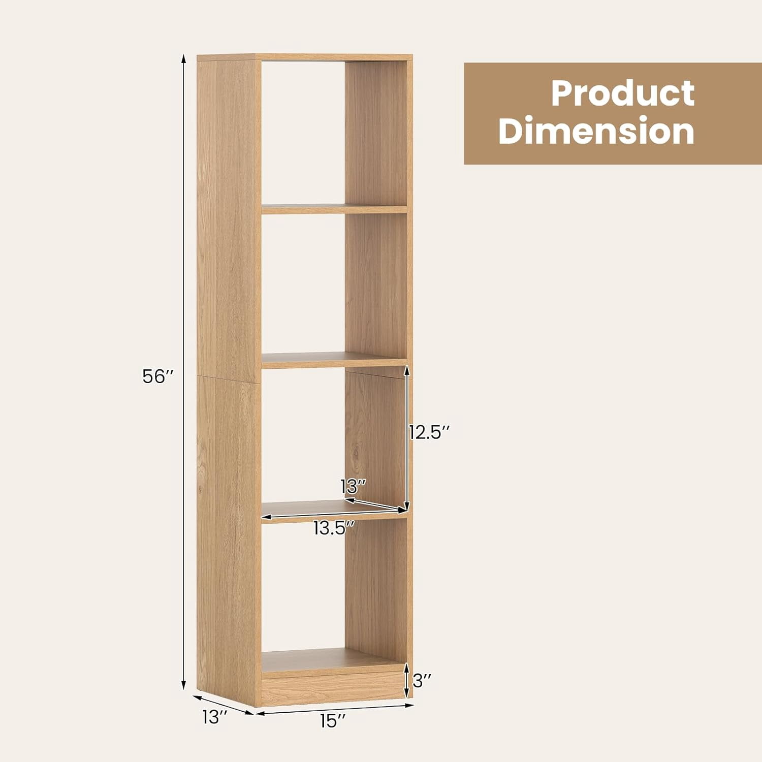 56" Tall 4 Cube Bookcase, Natural Freestanding 15" Wide 5-Tier Narrow Open Display Bookshelf w/ 4 Anti-Tipping Kits, Wooden Cube Storage Organizer for Small Place, Living Room, Bedroom