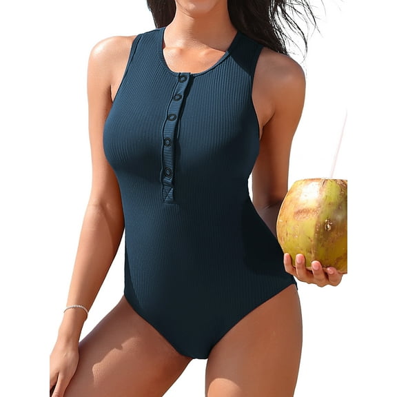 Sociala High Cut One Piece Monikini Swimsuit for Womens Ribbed Bath Suit Button Down Swimwear