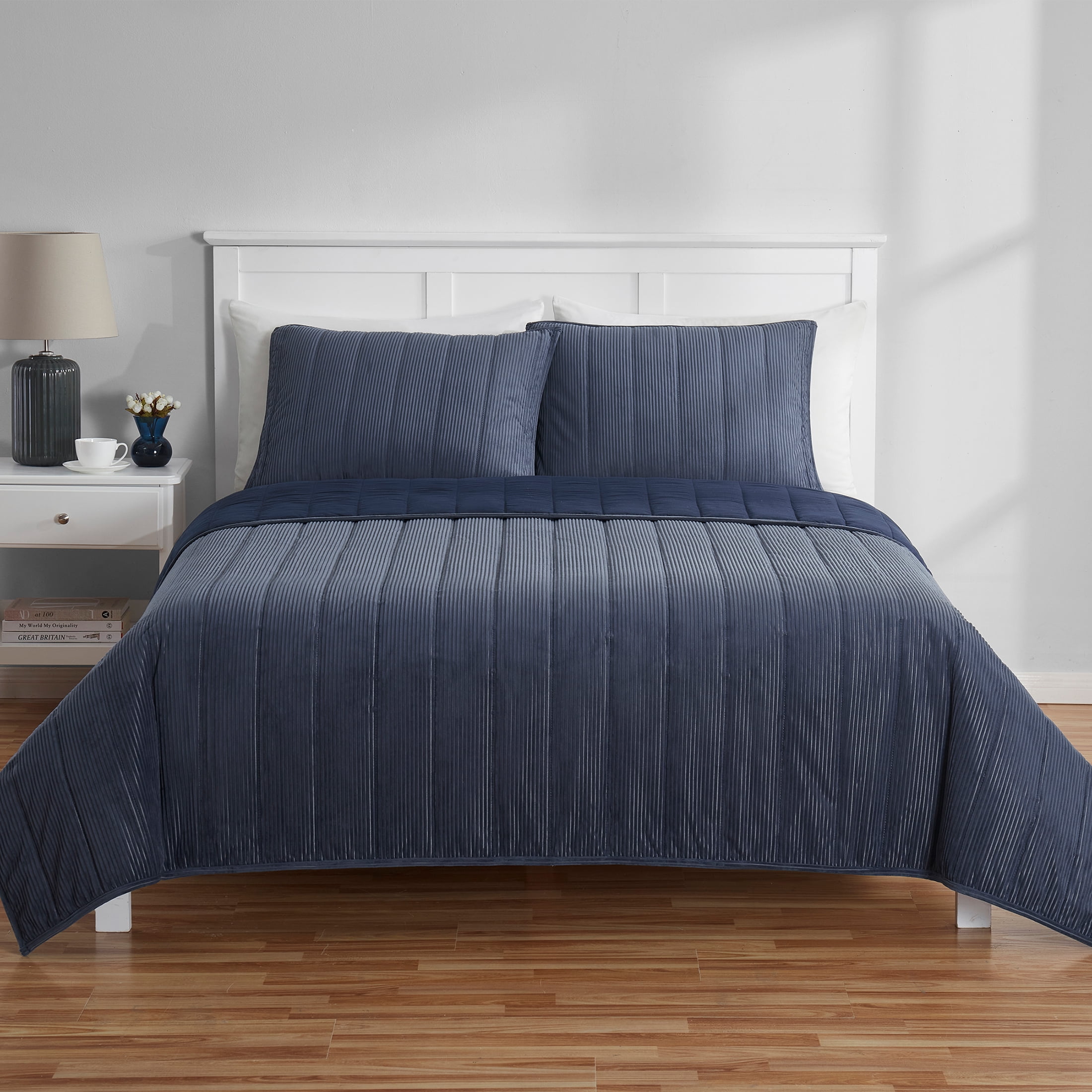 Mainstays King Quilt - Navy Blue Corduroy, Reversible Bedding