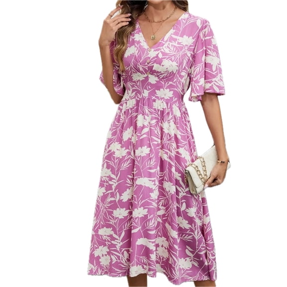 Women's Floral Flutter Sleeve V Neck Summer Midi Dress with Decorative Button and Ruched Bodice in 100% Polyester