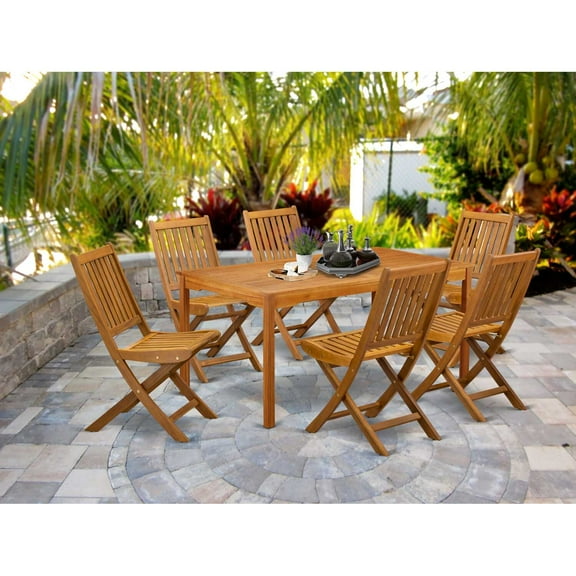 East West Furniture CMDK7CWNA 7-Pc Outdoor Table Set- 6 Patio Chairs Slatted Back and Outdoor Table and Rectangular Top with Wood 4 legs - Natural Oil Finish