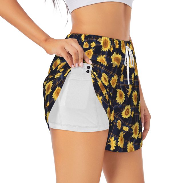 Balery Royal Blue Plaid Sunflower Pantalones cortos deportivos para mujer con forro y dos bolsillos, elásticos, para entrenamiento, gimnasio, yoga-XX-Large