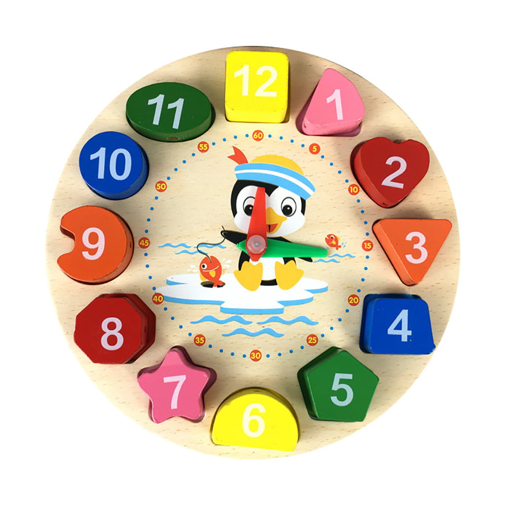 Digital Clock Geometry Blocks Wooden Cartoon Number Toy for Kids 