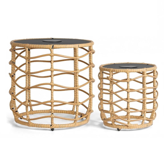 Boho Solar Outdoor Side Table with Built-in Lights Set of 2, All-Weather Wicker Nesting Tables, Round Waterproof Accent End Table Design for Patio, Porch, Garden & Balcony, Natural Brown