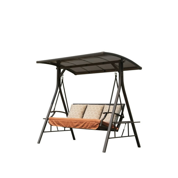 3-Seat Proch Swing Chair, Deluxe Outdoor Patio Porch Swing with 3 Sunbrella Cushions, Adjustable Canopy Outdoor Swings for Outdoor Garden, Balcony, Backyard, Black