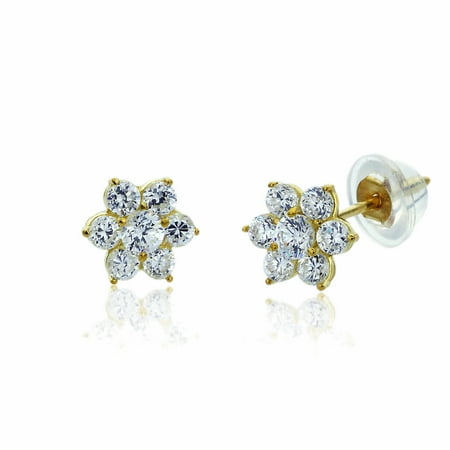 - 14K Solid Yellow Gold Round CZ Cluster Flower Screw Back Stud Earrings