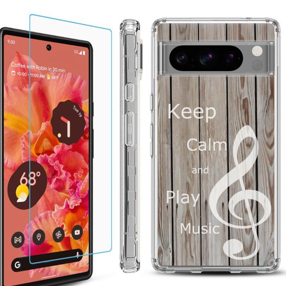 OneToughShield ® Compatible with Google Pixel 8 Pro, Shockproof Phone Case, with Tempered Glass Screen Protector - Wood/Music