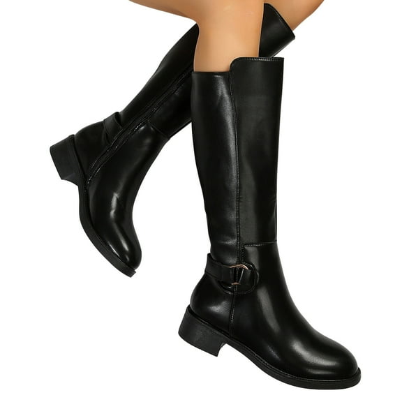 Bnwani Women Boots Pointed Zipper Thick Chunky Knee-High Knight Boot Black Size 4.5