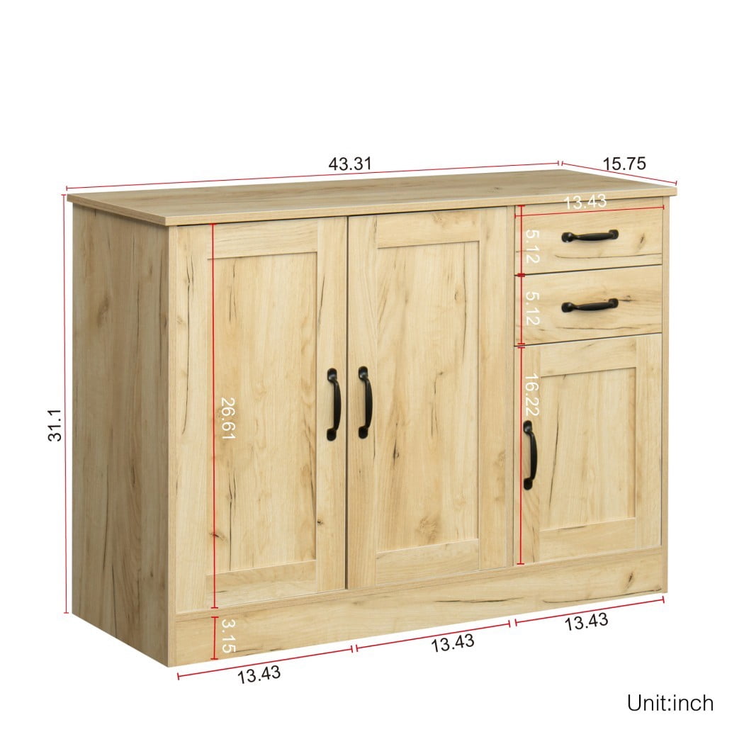 Modern Wood Sideboard Cabinet, 43.3" Buffet Storage Cabinet with 2 Doors, 2 Drawers & Adjustable Shelf, Console Table for Dining Room, Living Room & Entryway, Oak