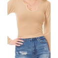 thumbnail image 6 of MixMatchy Women's Solid Ribbed Notched Neckline Long Sleeve Stretch T-Shirt Top, 6 of 6