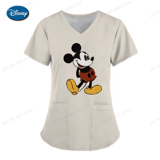 Minnie Mouse Tops Pocket Woman Clothes Summer T-shirt Mickey Hospital T-shirts Disney Nurse Uniform Top Women 2023 V Neck TeesXXL Gao Jinjia LED