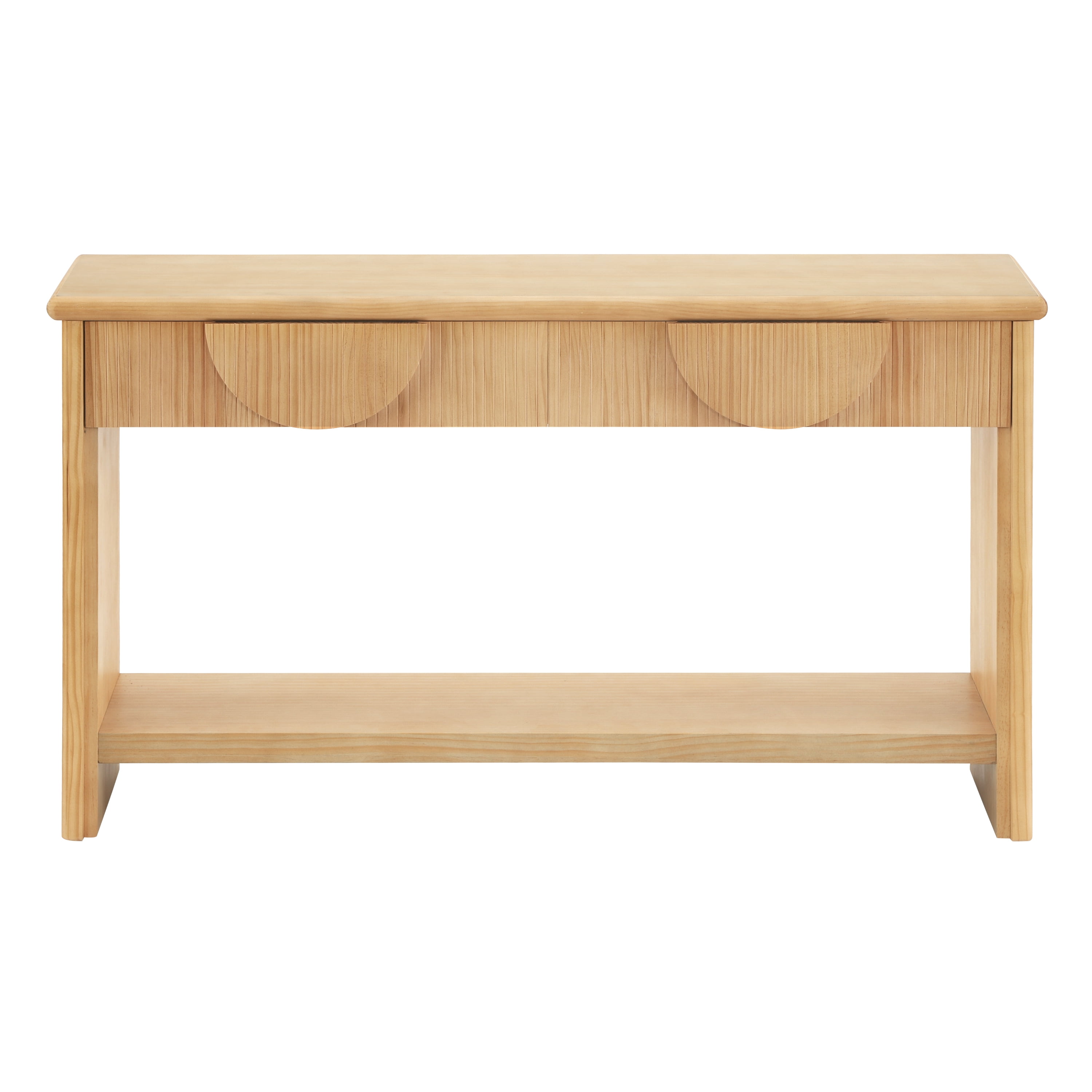 Mintazer 55" Console Table with 2 Soft Close Drawers, Modern Fluted Semi-Circular Drawer Entryway Table with Open Bottom Shelf, Rounded Edge Sofa Table for Hallway Living Room, Natural