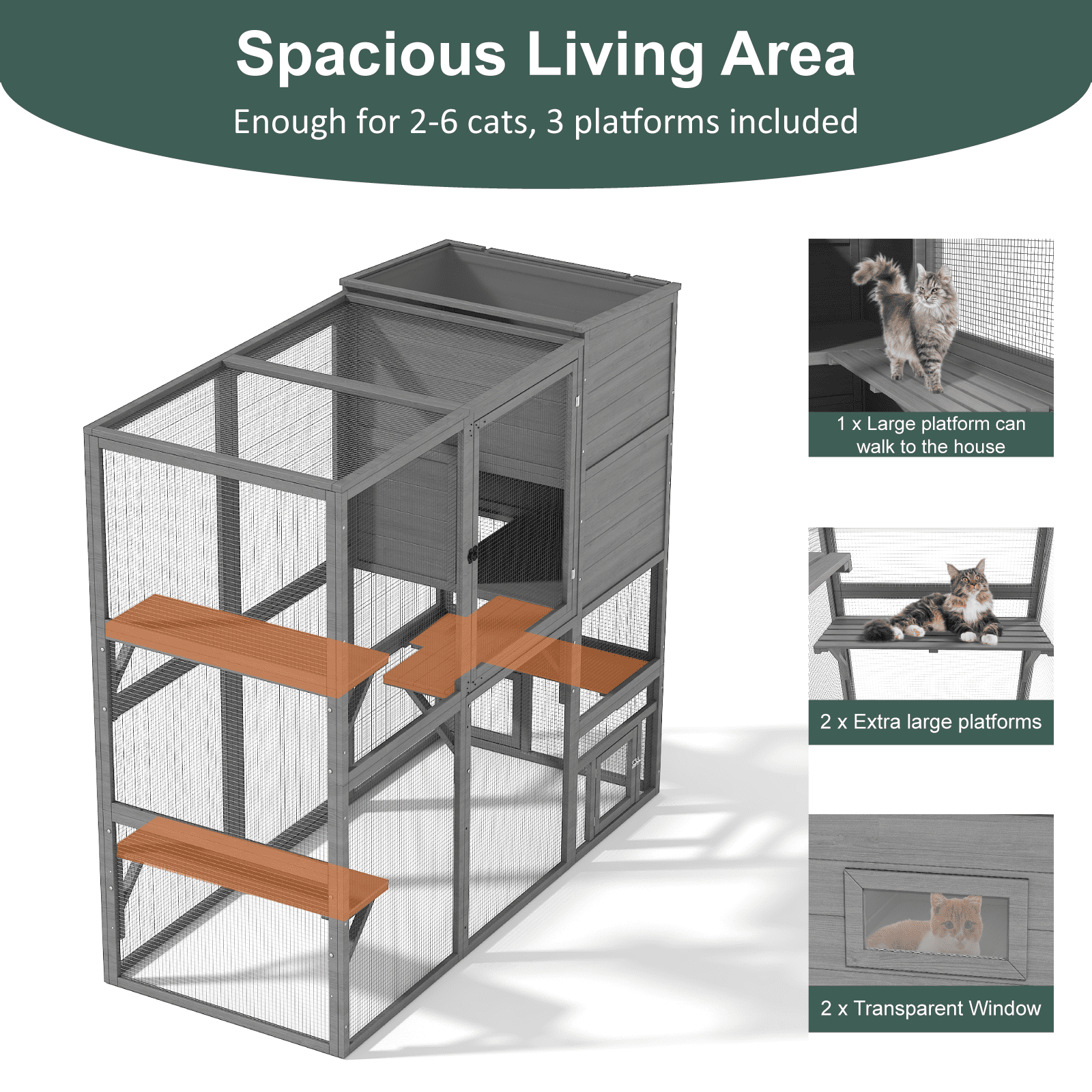 TIMHAKA Large Cat Enclosure, 4 Tiers Catio w/ Weatherproof Roof, 3 Resting Rooms, 3 Platforms & 2 Large Doors for Outdoor Indoor Cats, 76”×33”×71”